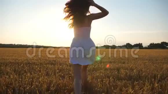 日落时穿着白色礼服的迷人的快乐女人穿过麦田跟随年轻无忧无虑的女孩视频的预览图
