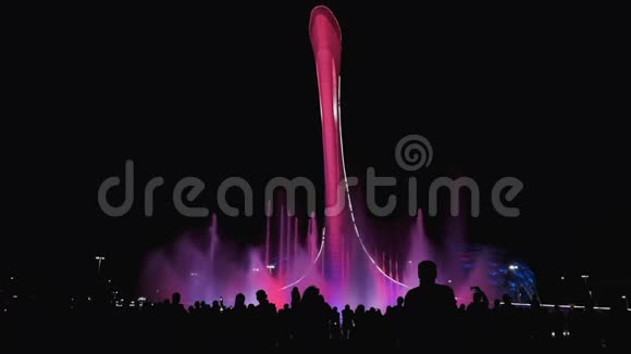人们在背景明亮的彩色喷泉上剪影欣赏城市夜景灯光和音乐的人群视频的预览图