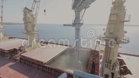 将小麦装入货船海运这艘船在港口装载小麦小麦出口海洋视频的预览图