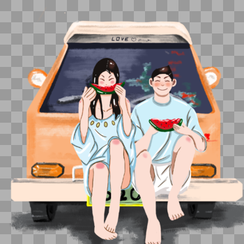 坐在汽车前吃西瓜的情侣图片素材免费下载