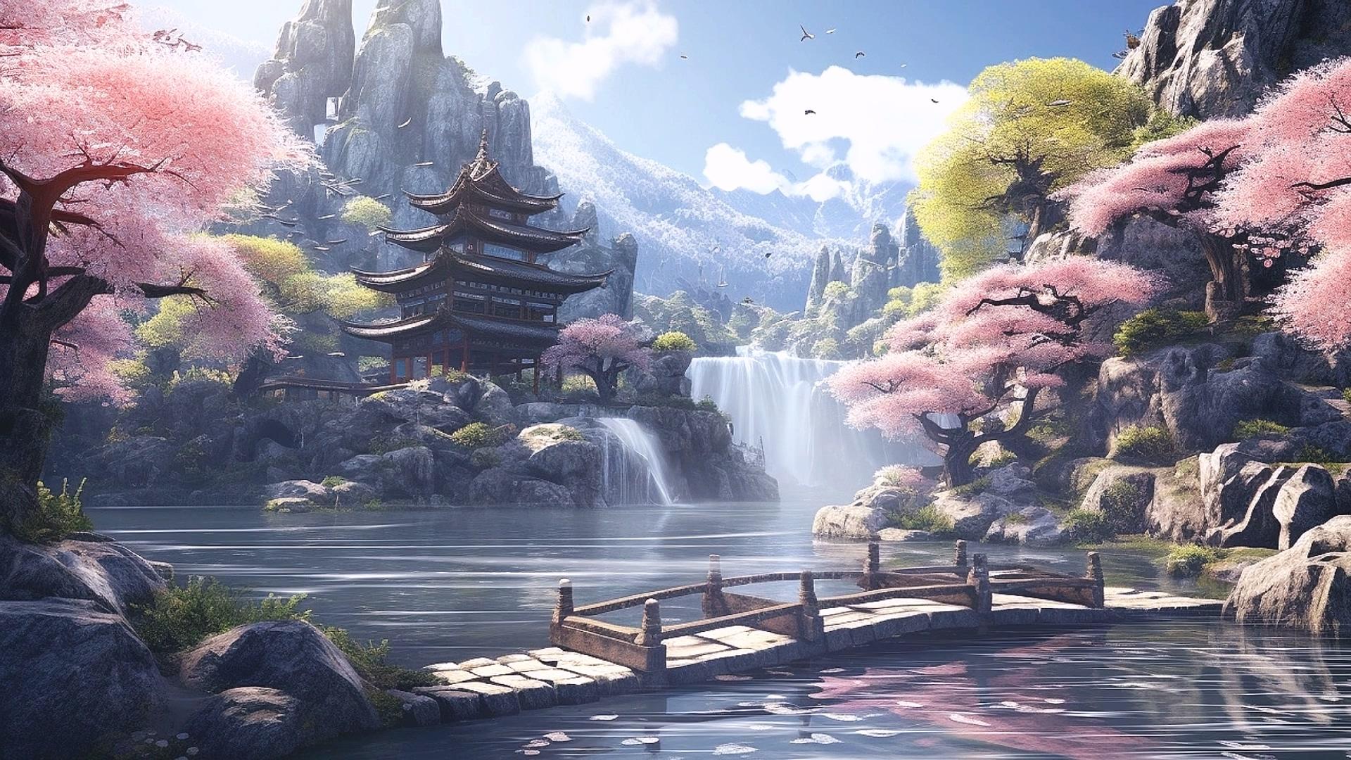 美丽仙侠中国风山水建筑背景视频视频的预览图
