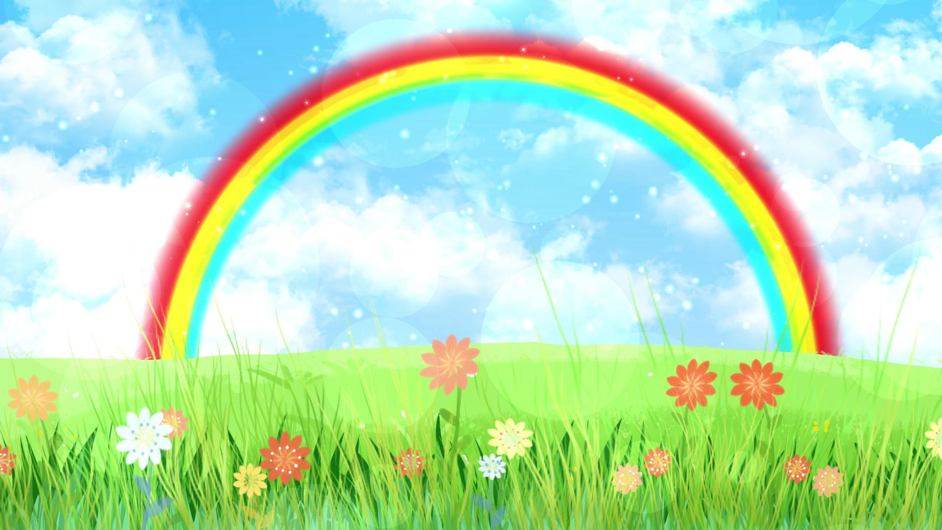4K卡通动态草坪彩虹蓝天背景视频视频的预览图