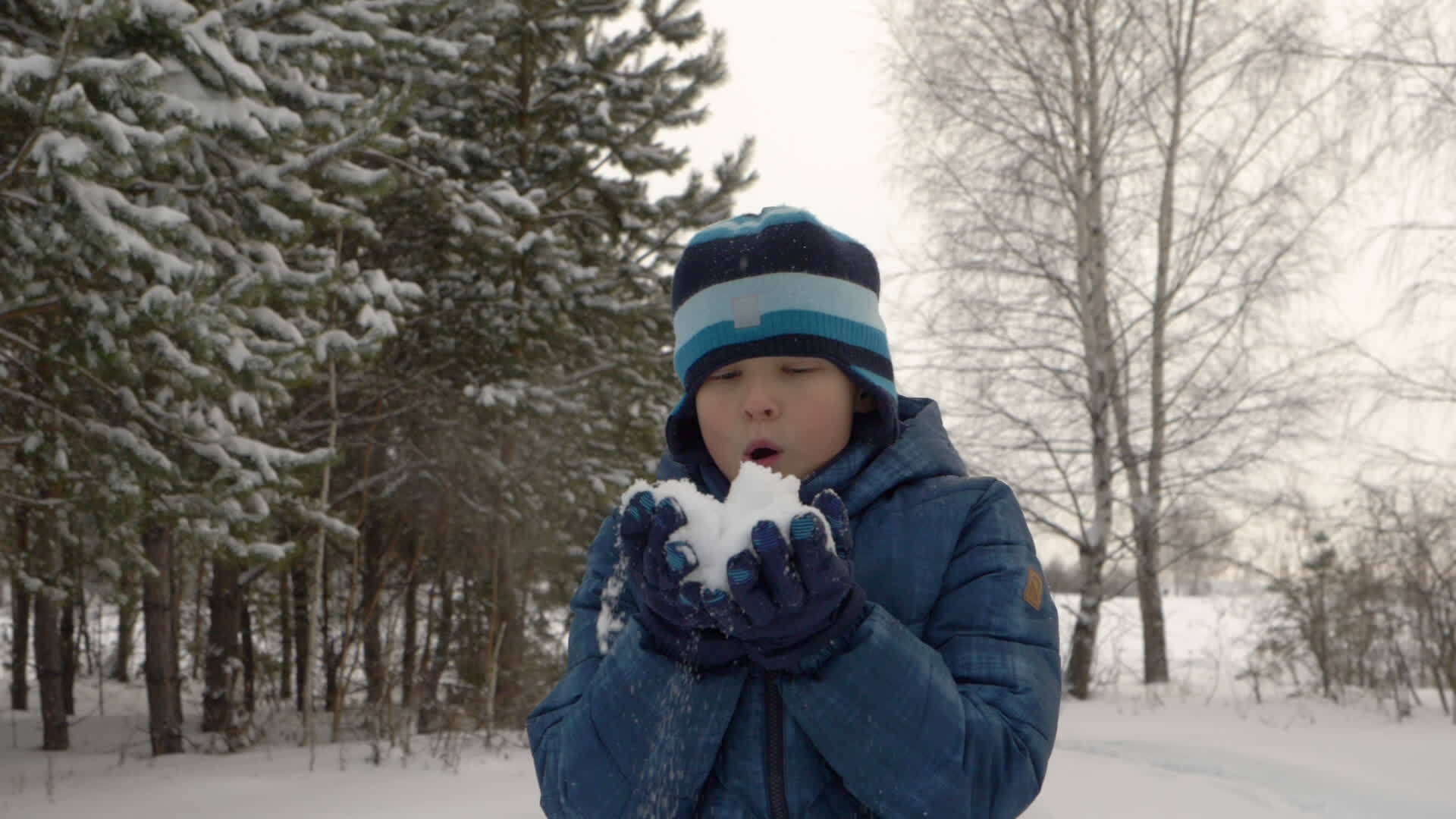 在冬天的森林公园里年轻的男孩把雪吹倒在地上视频的预览图