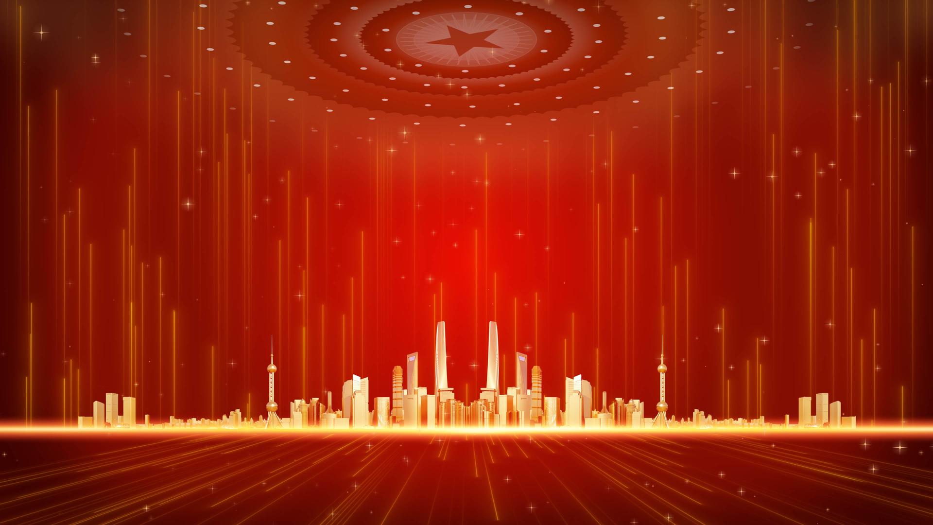 酷炫的光线粒子漂浮上升城市建筑国庆背景视频的预览图