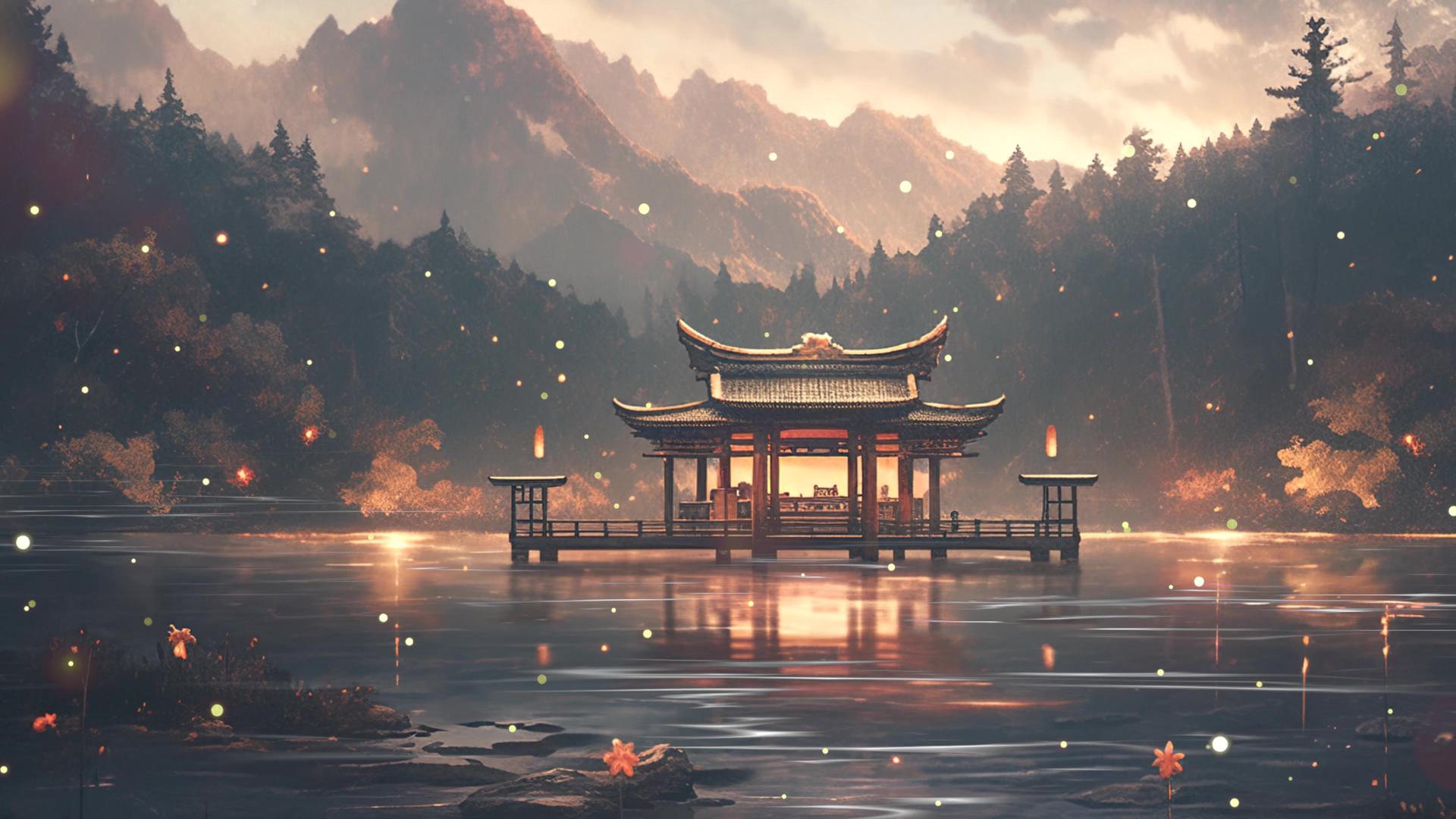 美丽的中式湖上庭院背景视频视频的预览图