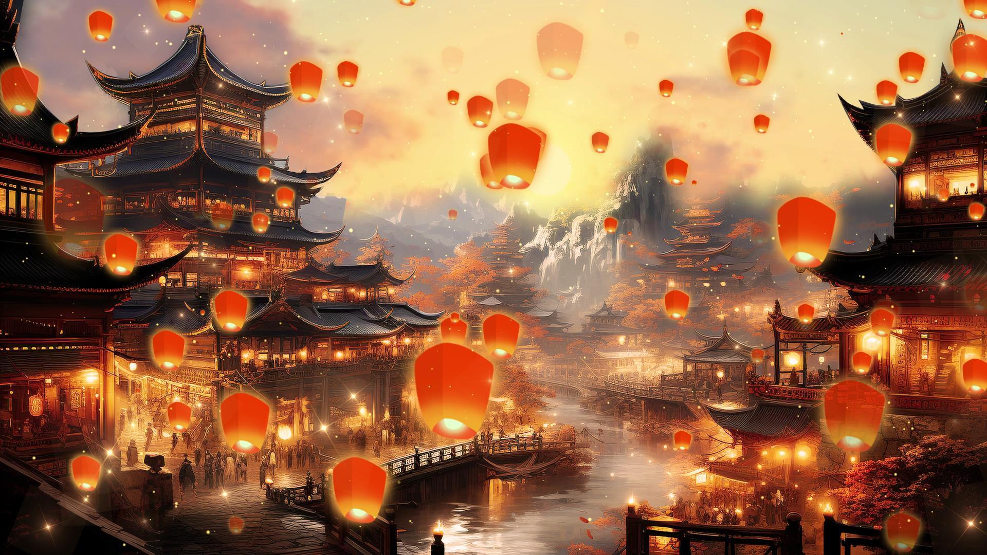 孔明灯中国风夜景LED背景动画视频的预览图