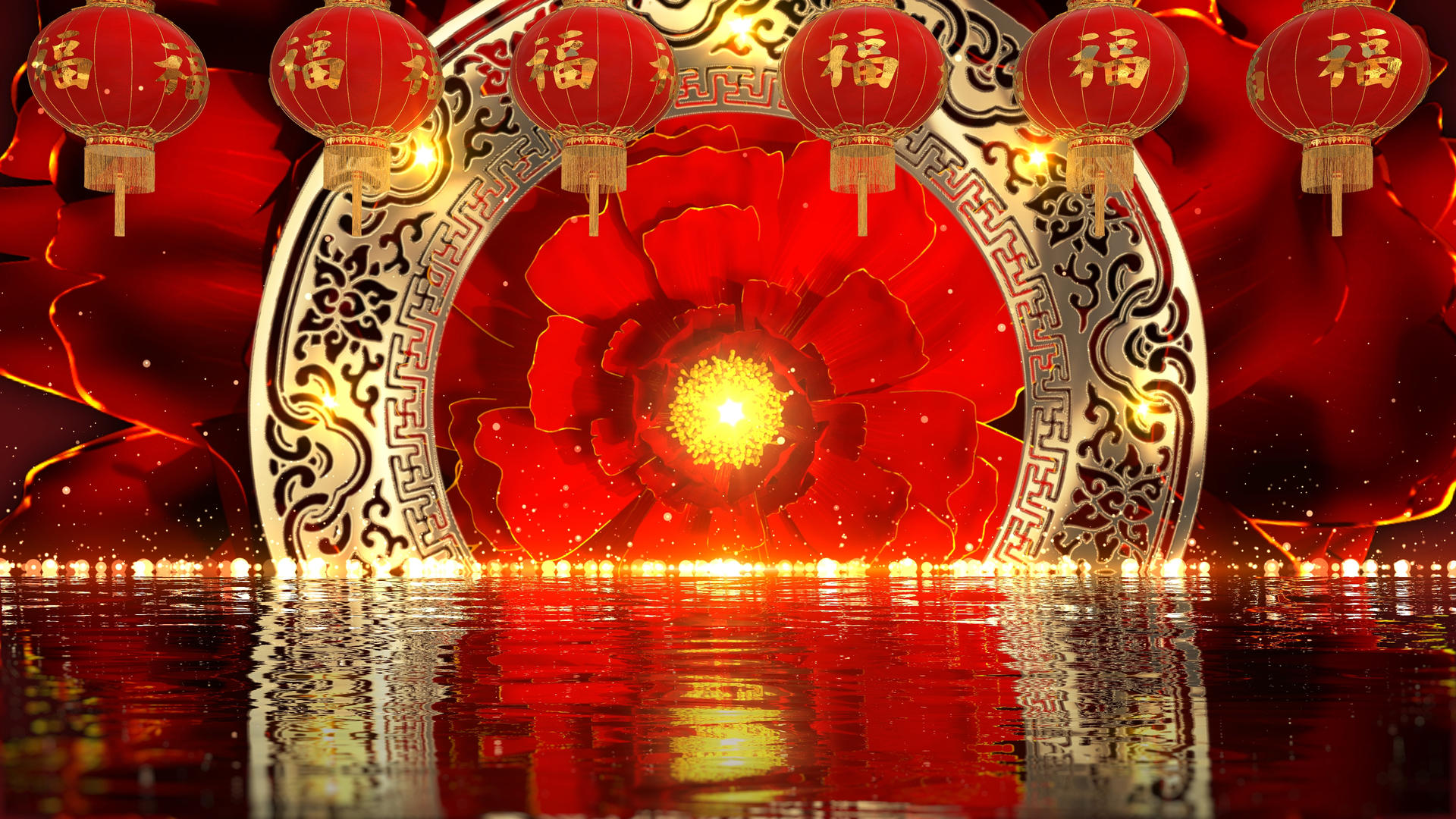 4K大气唯美中国风灯笼金色花纹舞台背景视频的预览图