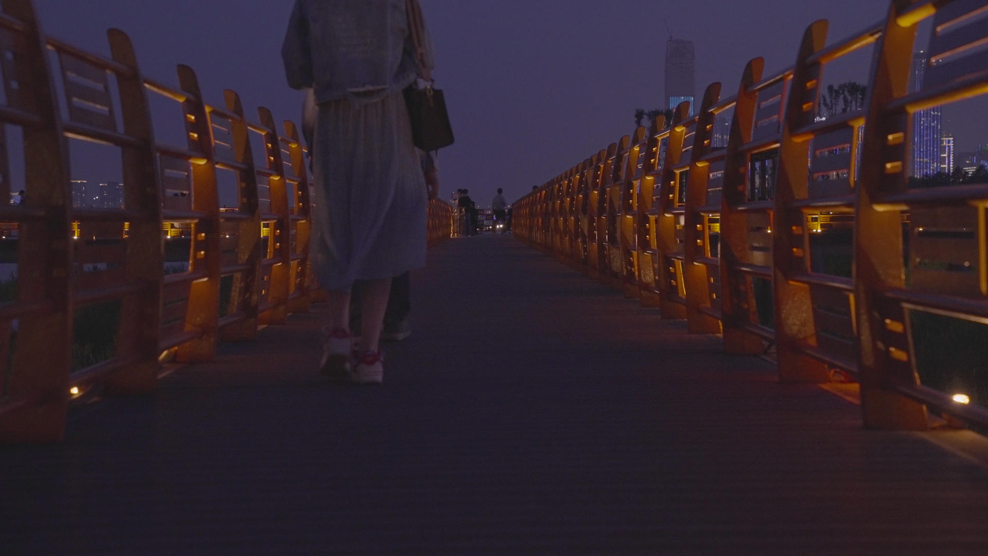 慢动作升格拍的4k素材城市夜晚道路街景行走的人物背影视频的预览图
