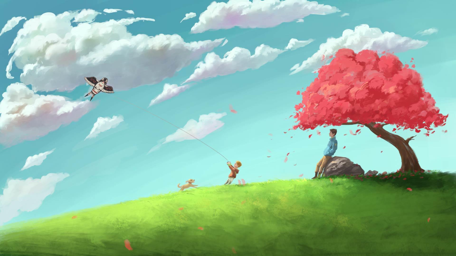 清新卡通父子放风筝背景视频的预览图
