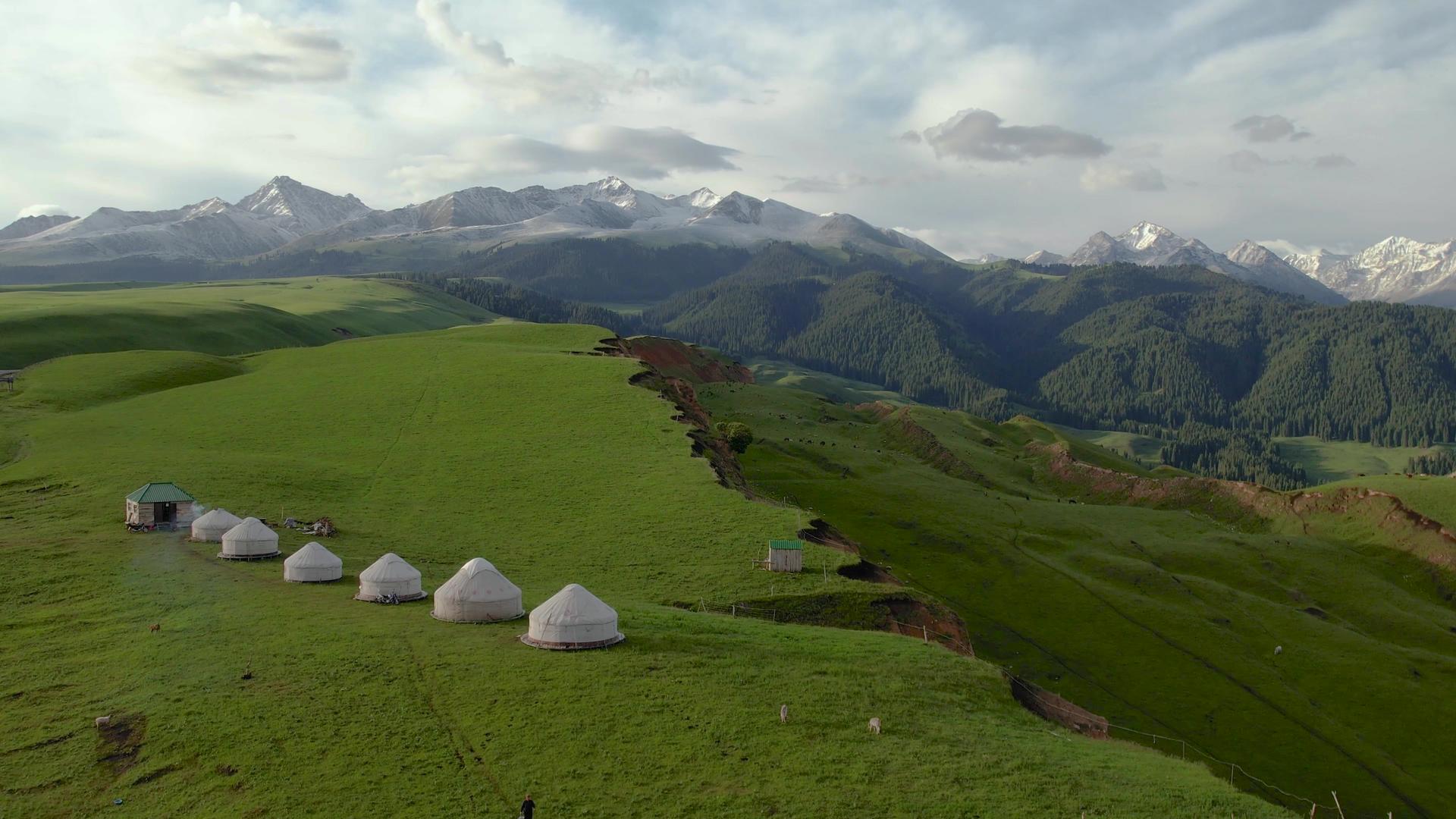 航拍天山山脉雪山下的大草原与牧民毡房视频视频的预览图