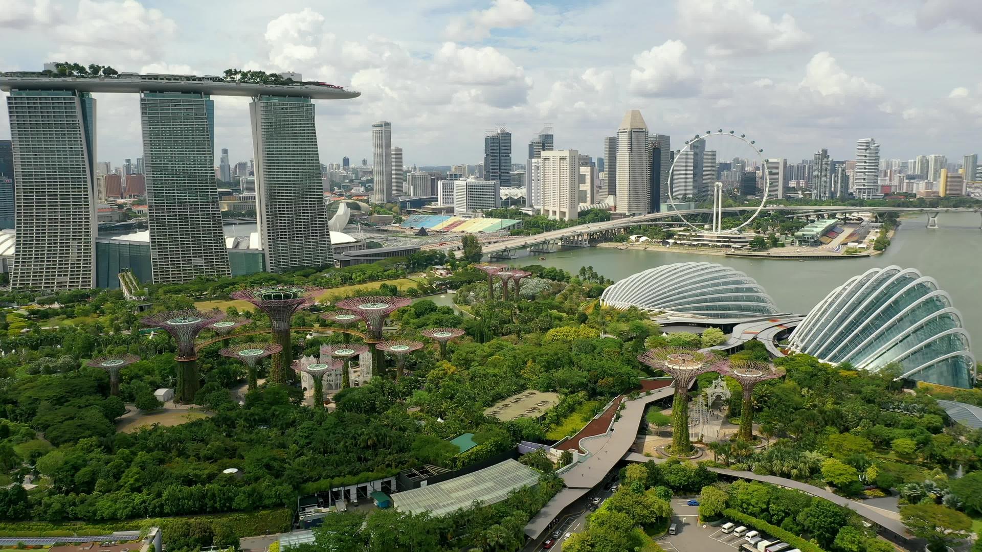 滨海湾花园飞向新加坡天际线新加坡滨海湾视频的预览图