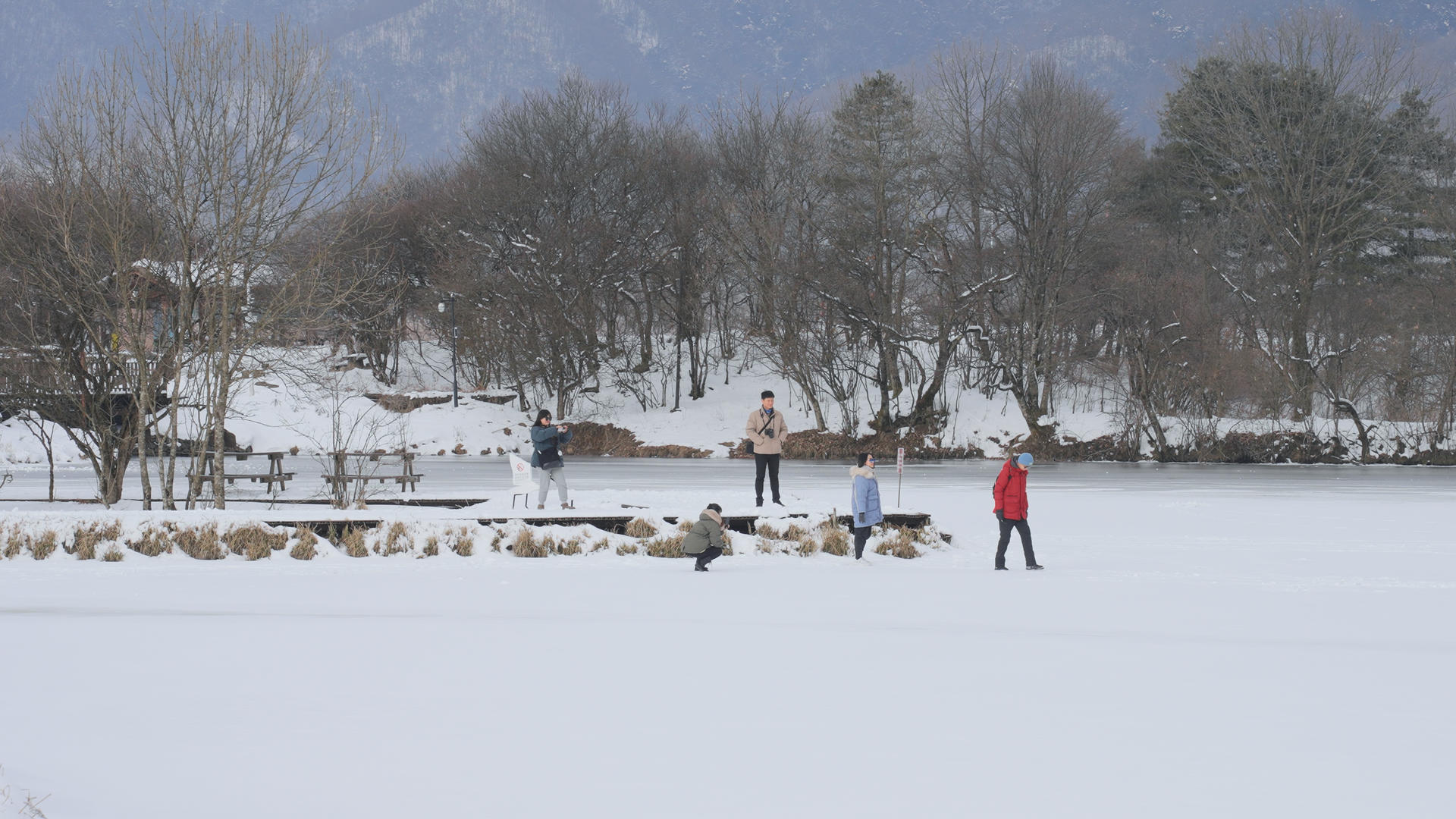 冬天雪景5A级旅游景区神农架大九湖积雪中玩耍的游客4k素材视频的预览图
