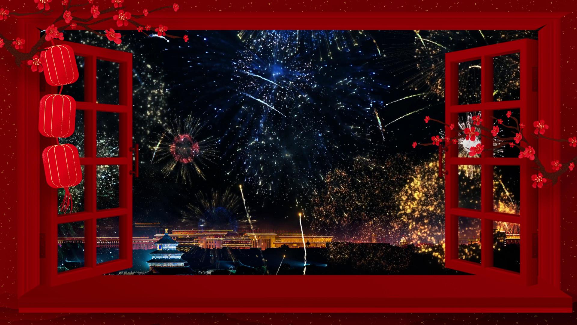 4K喜庆迎新年窗台放烟花背景视频视频的预览图