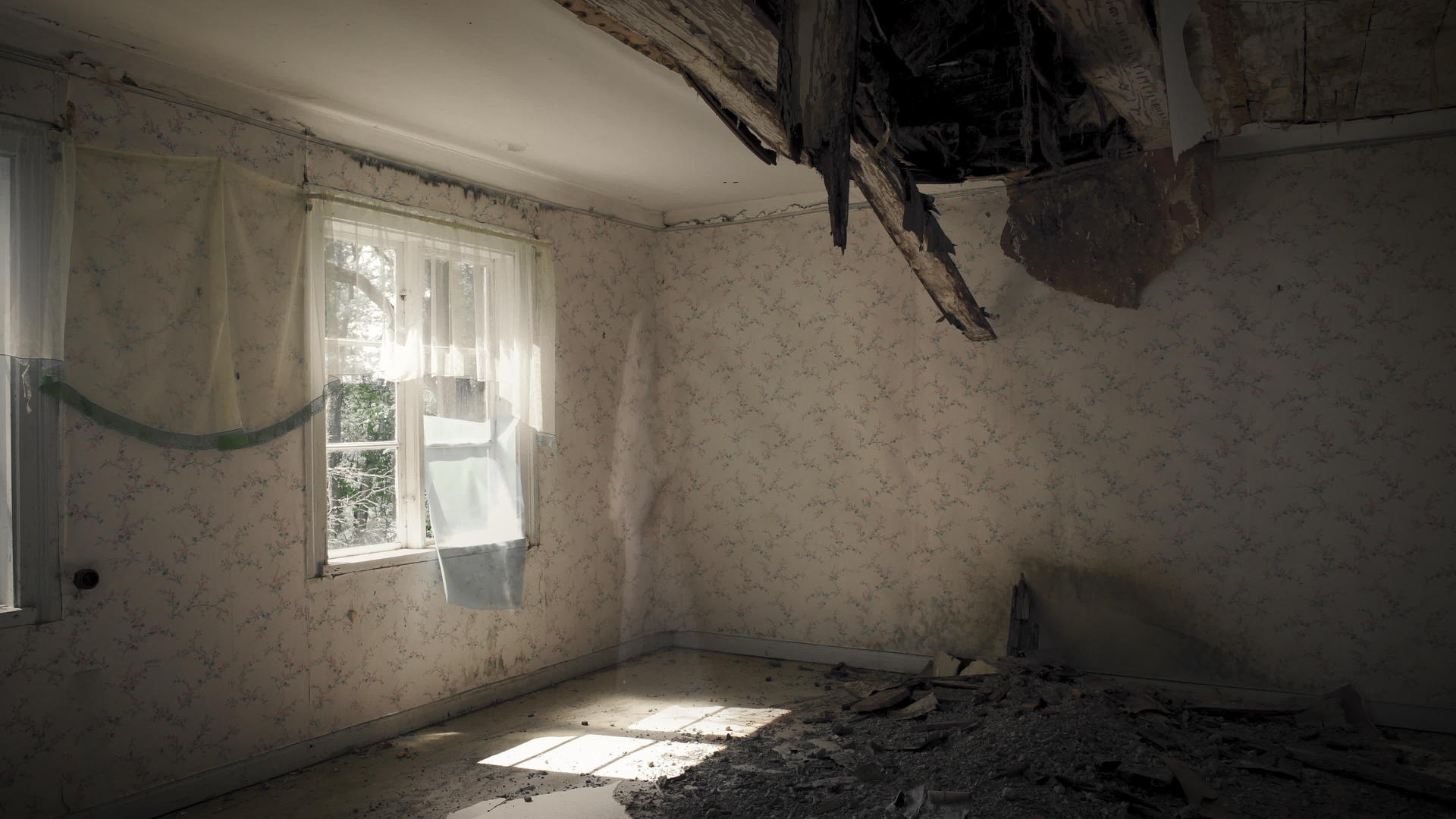 鬼魂在废弃的房子里透过窗户寻找鬼魂视频的预览图