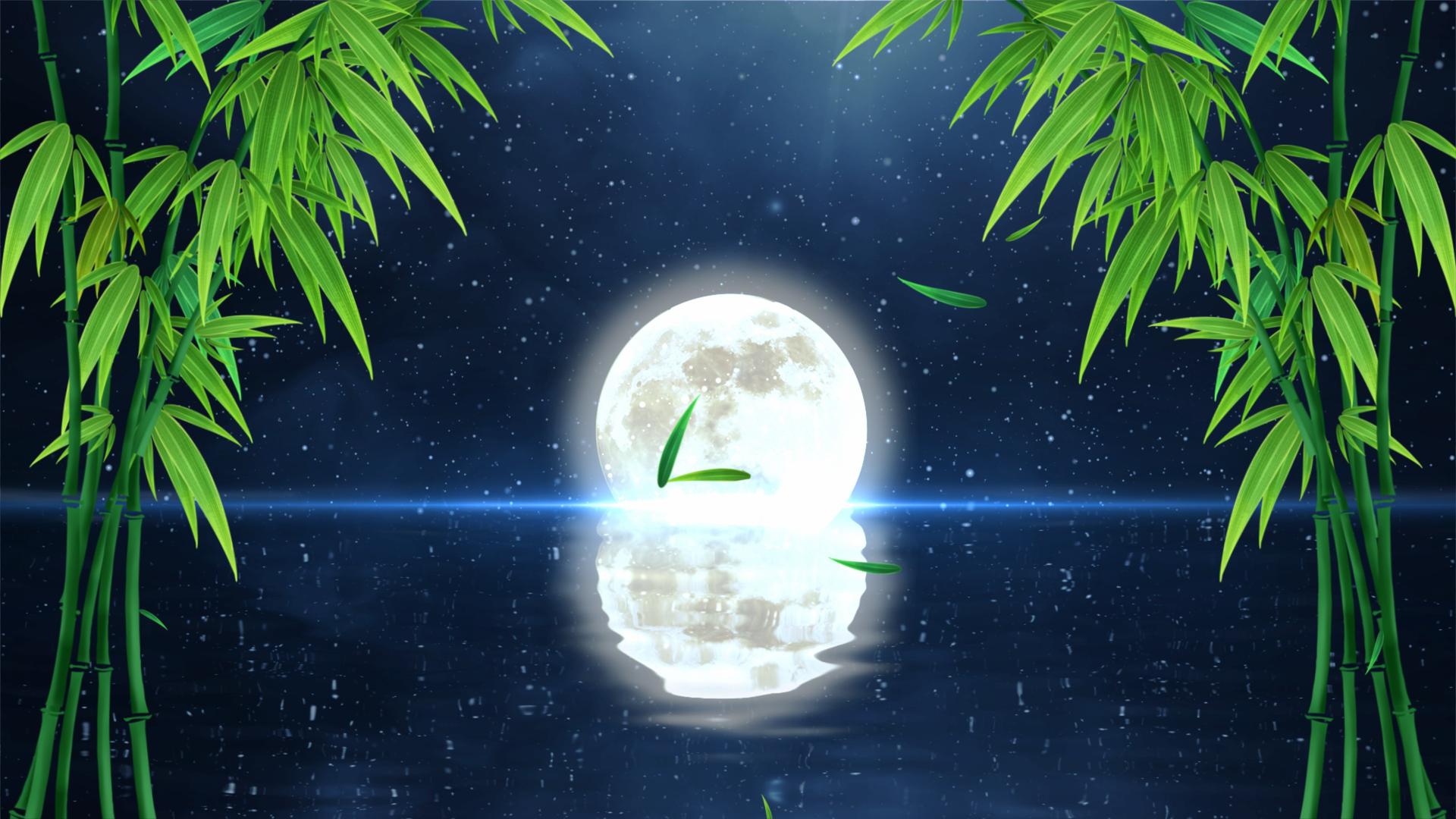 4k湖面月亮竹子倒影视频的预览图