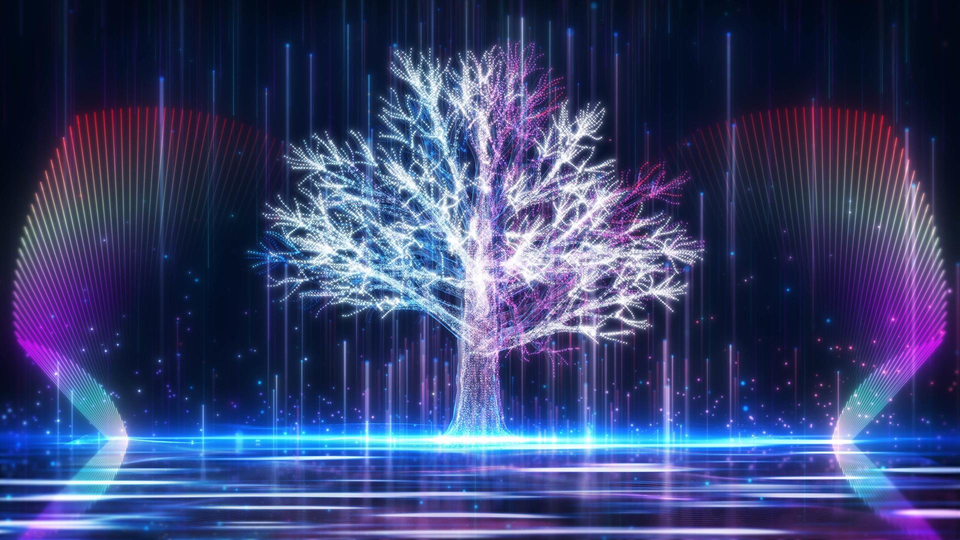 酷炫唯美的水晶粒子树旋转生长舞台背景视频的预览图