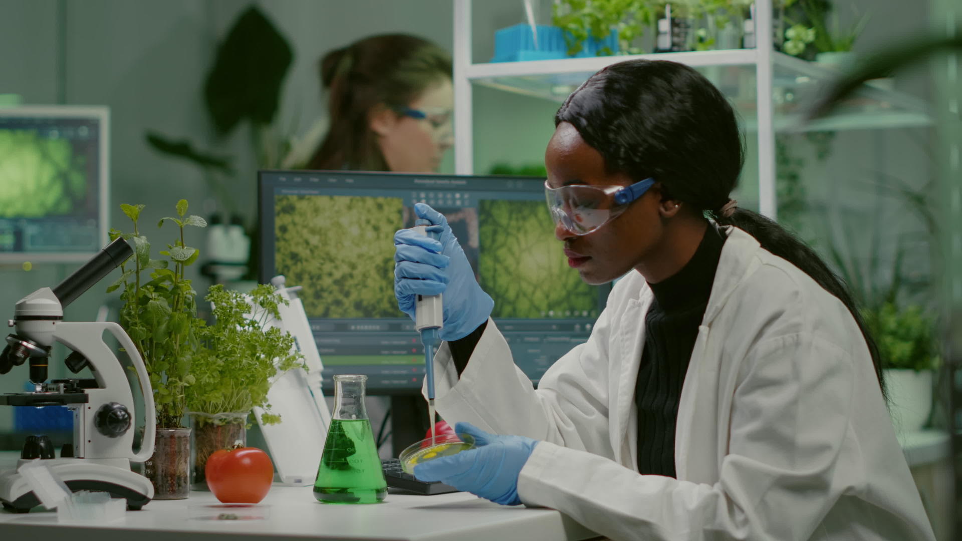 从试管中获得基因溶液的非洲女性研究人员生物学家视频的预览图