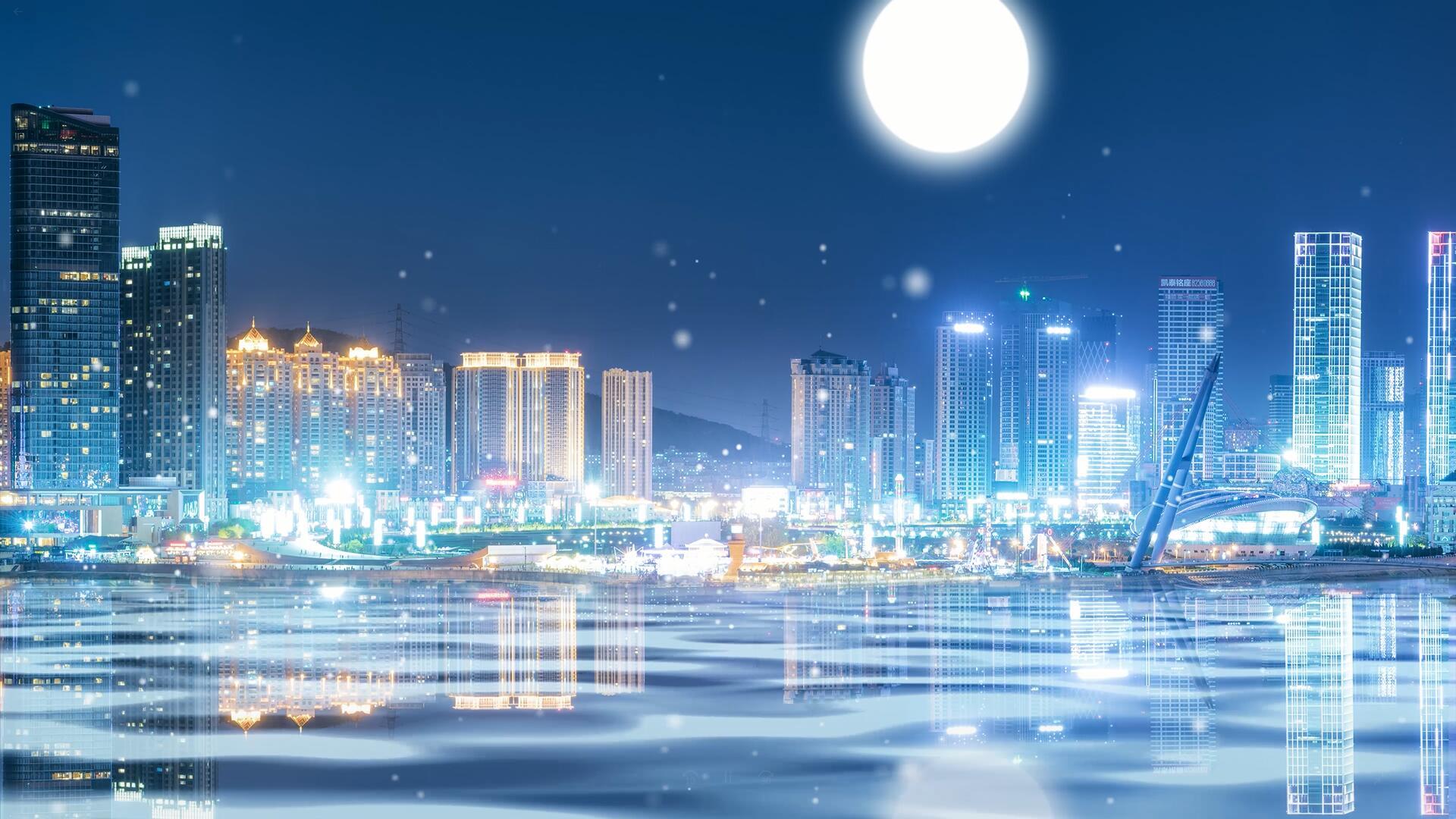 4k城市倒影月亮唯美背景视频的预览图