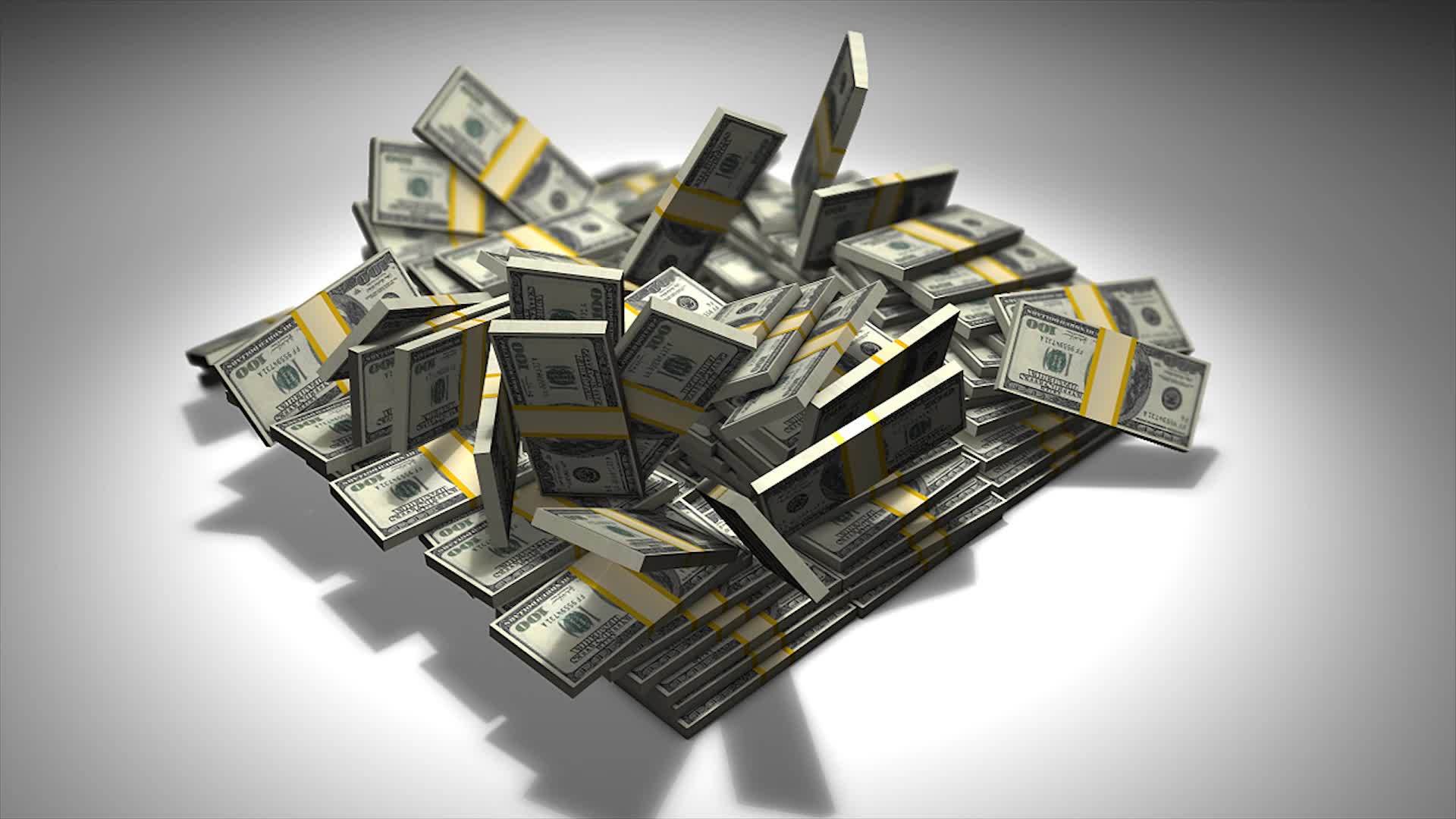 3D动画粉碎成堆的钞票视频的预览图