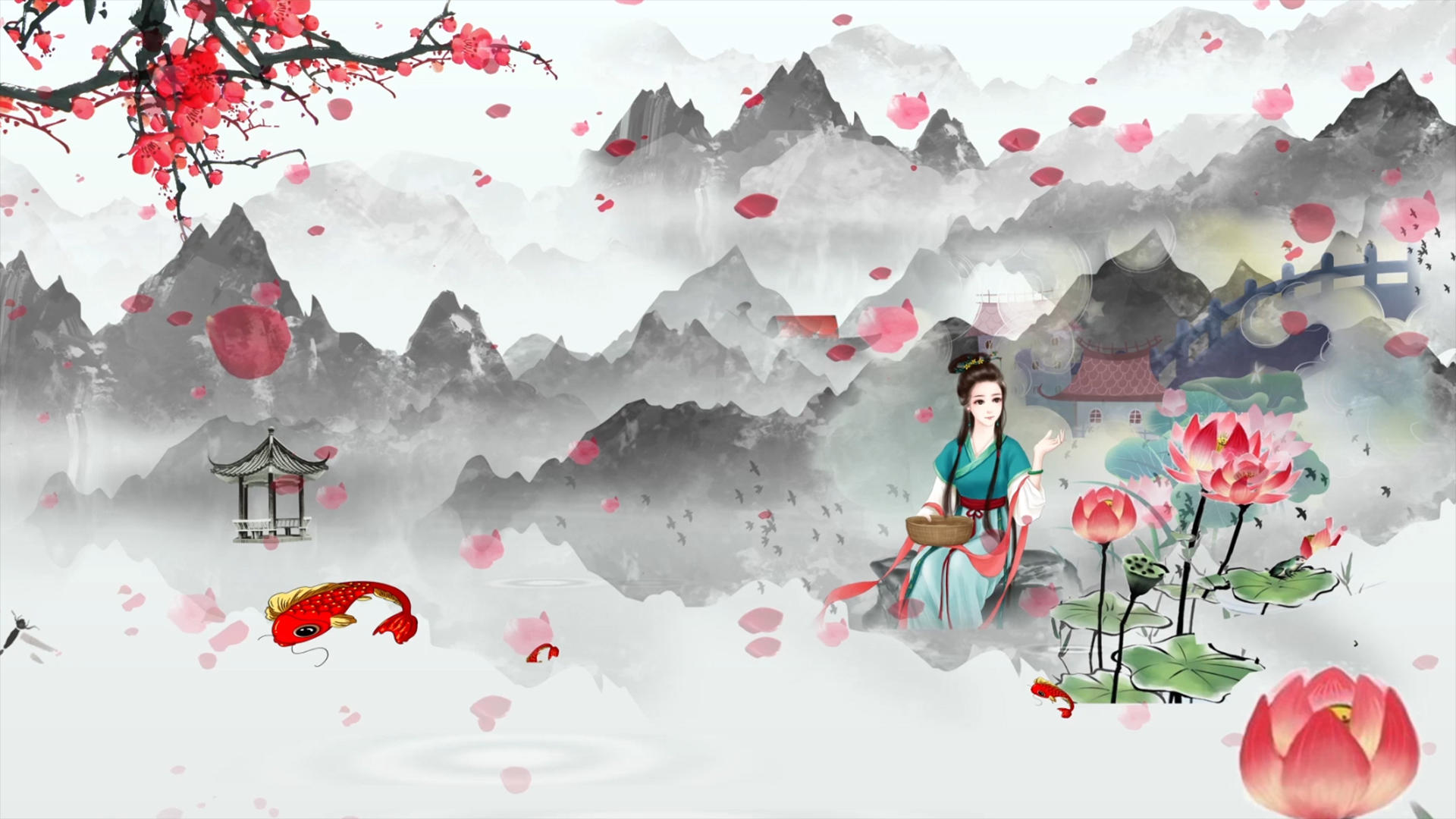 中国风水墨山水古典美女合成背景视频的预览图