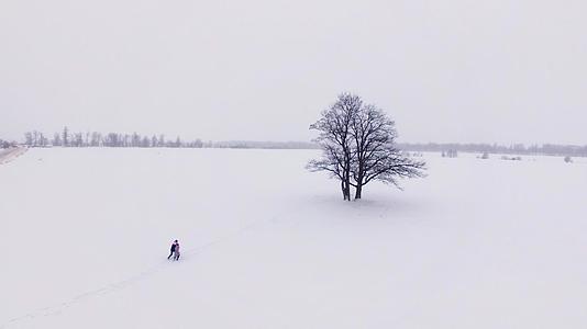 年轻可爱的情侣在冬天的雪地里行走视频的预览图