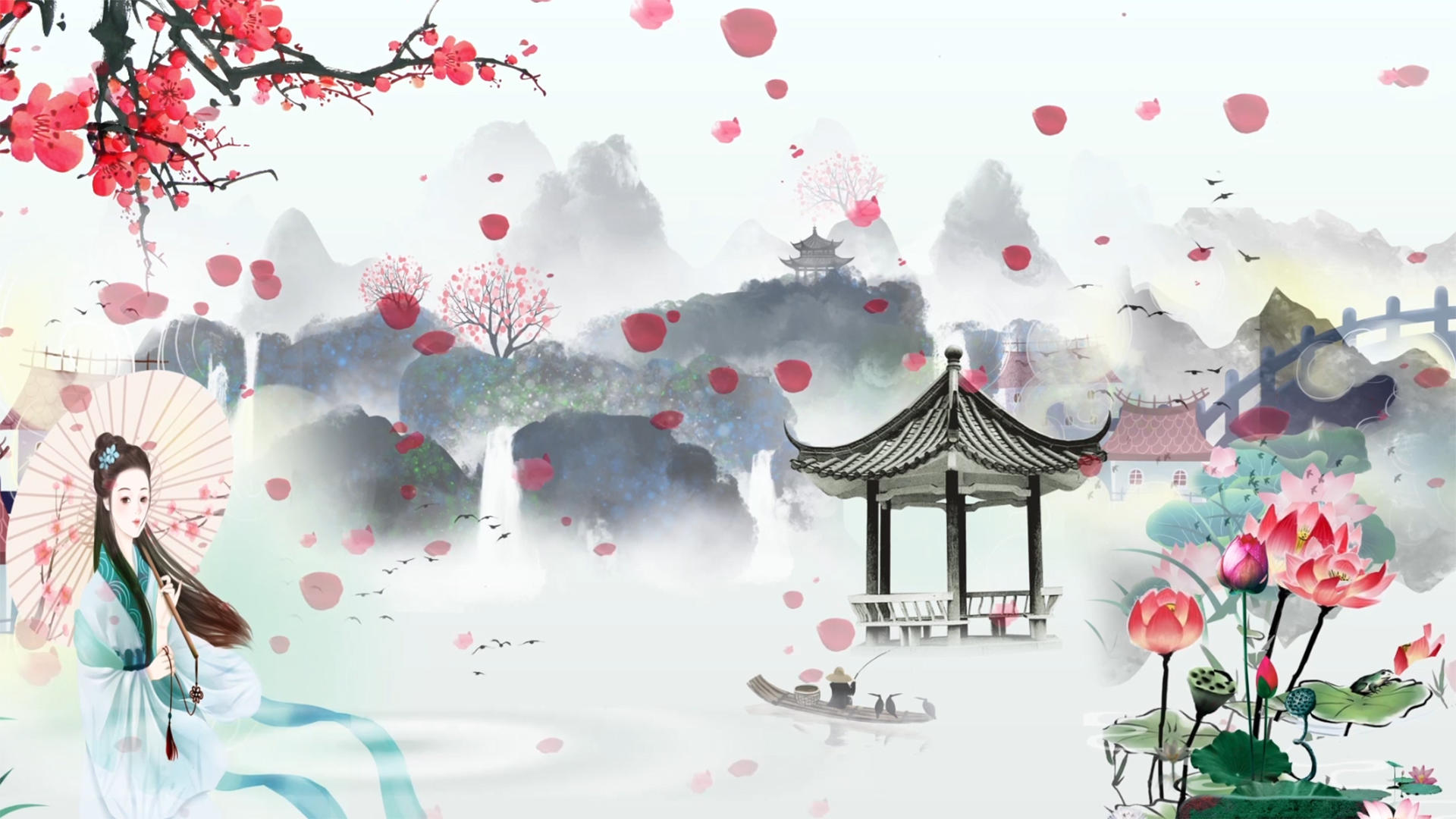 中国风水墨山水古典美女特效合成背景视频的预览图