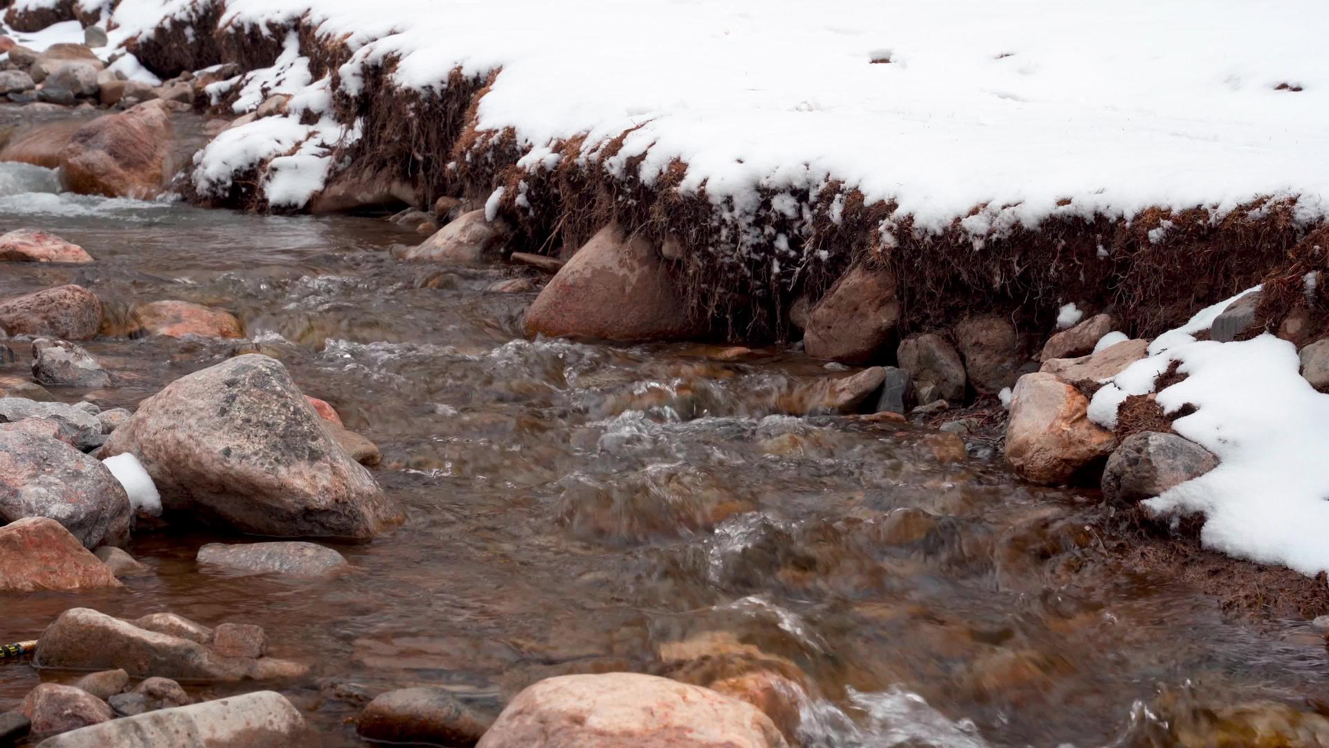 异常气候冰雪融化小溪流流淌视频的预览图