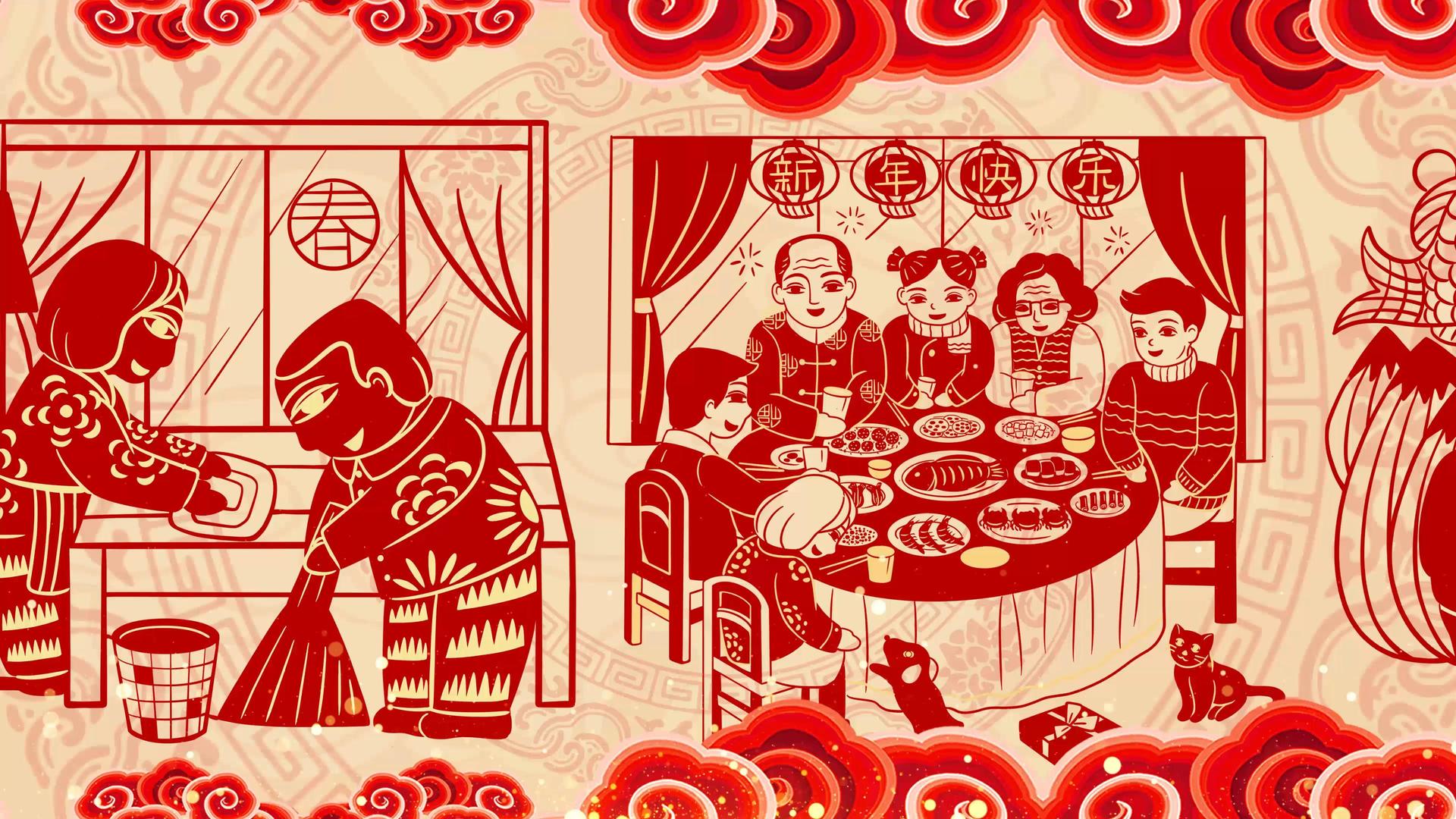 4K中国风剪纸新年春节民俗背景视频视频的预览图