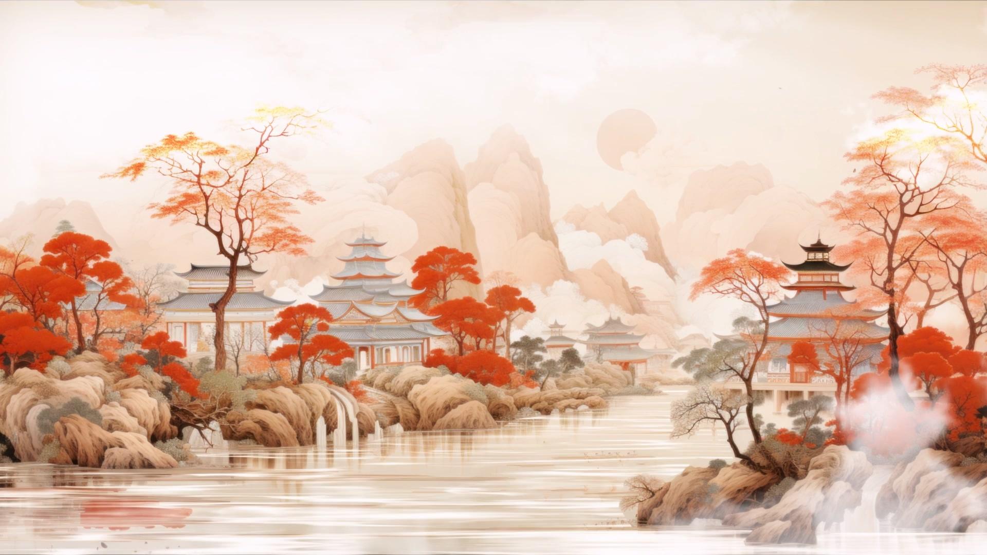 美丽梦幻秋天山水画背景视频视频的预览图