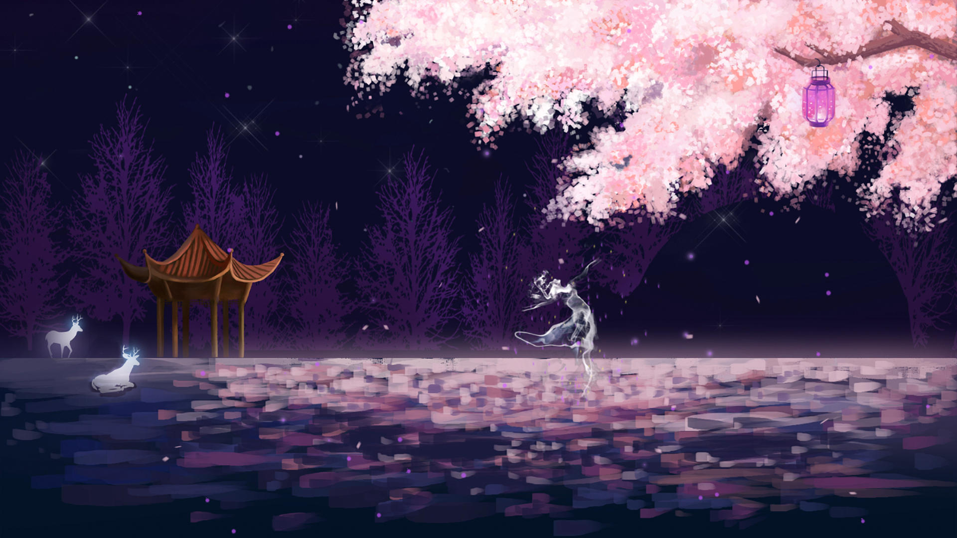 夜晚樱树下翩翩起舞卡通背景视频的预览图