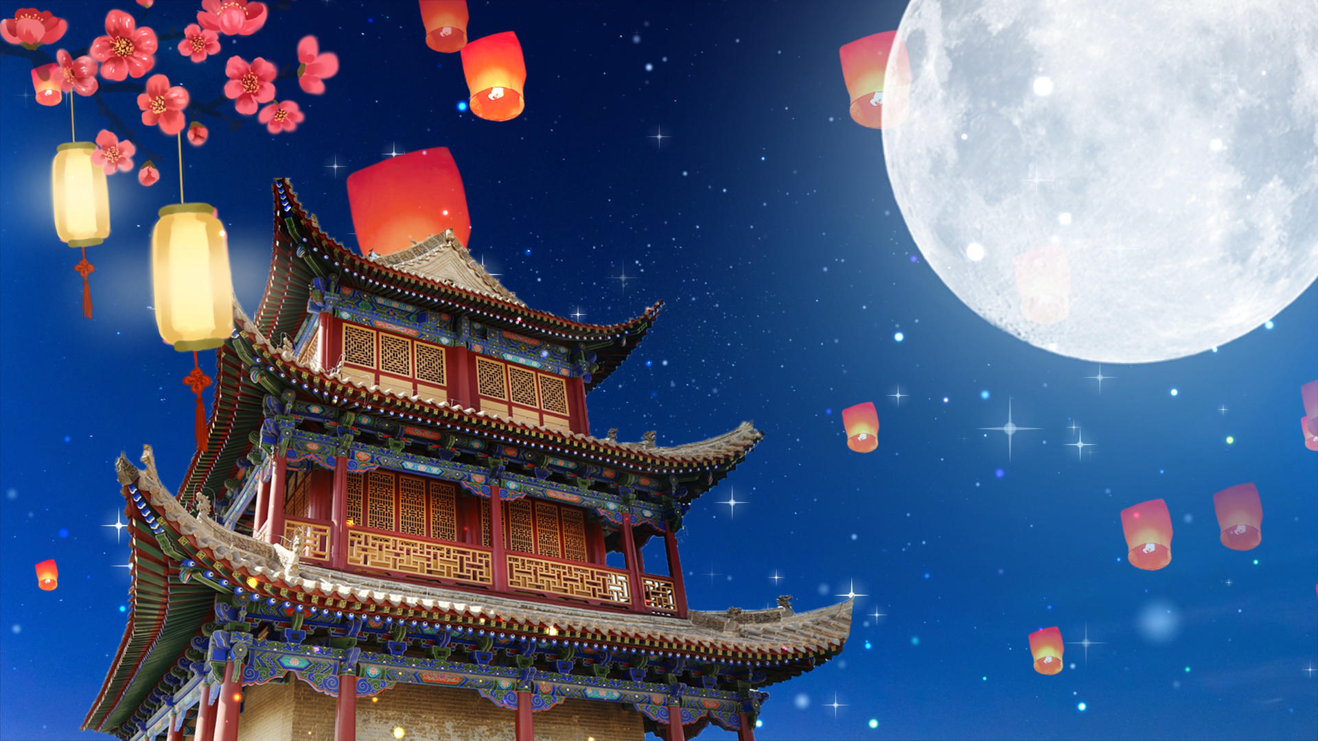 4K古建筑中秋赏月孔明灯背景视频视频的预览图
