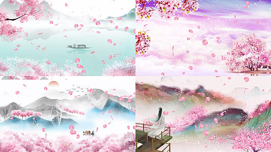 4K中国风水墨山水粉色飘落春分樱花背景视频的预览图