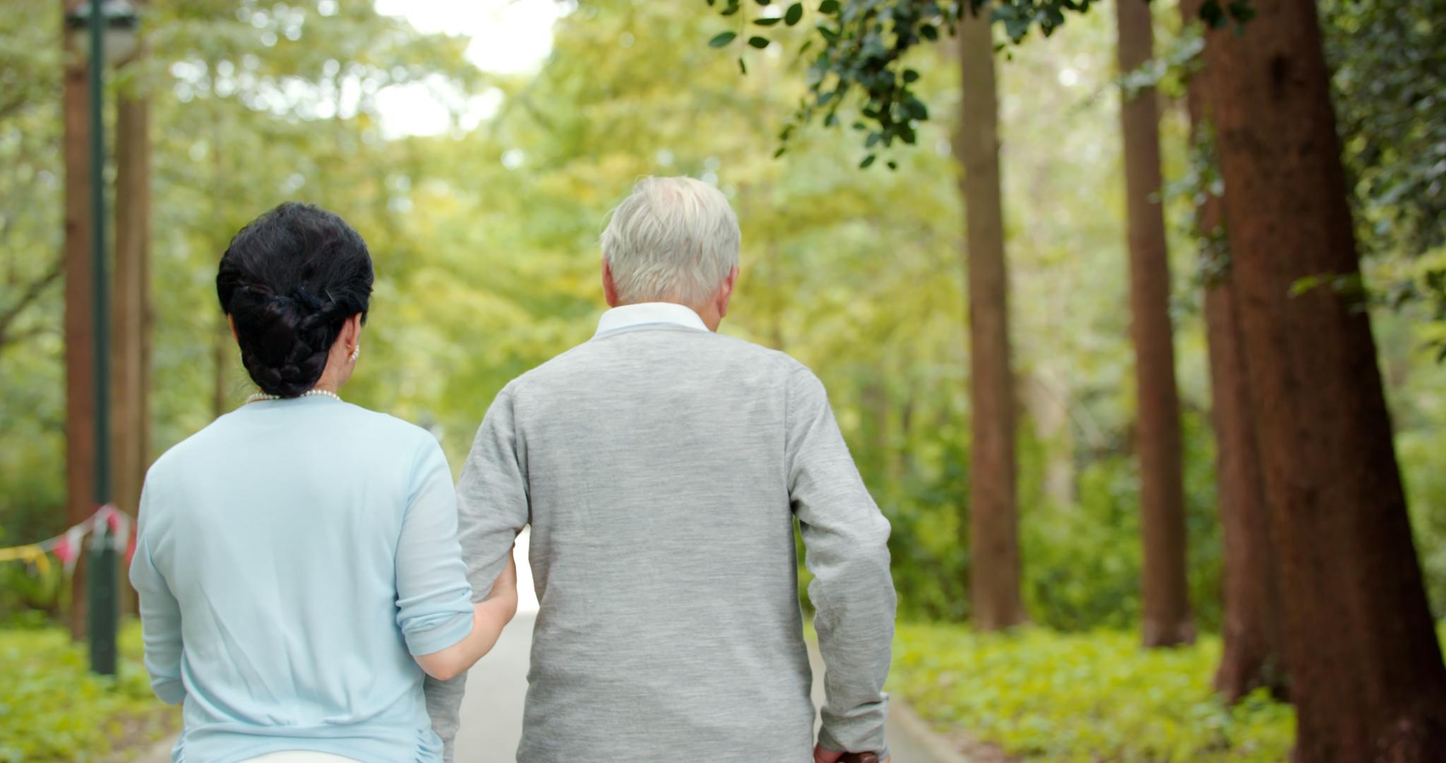 老年夫妇相伴逛公园视频的预览图