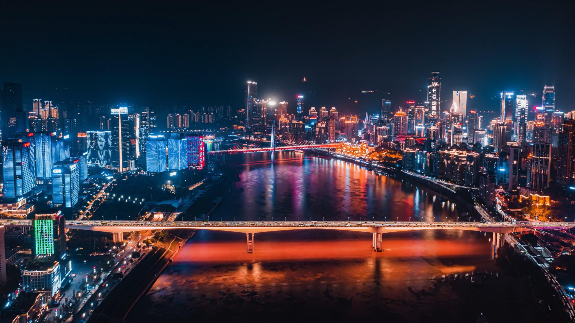 4k航拍重庆嘉陵江两岸CBD夜景灯光延时视频的预览图