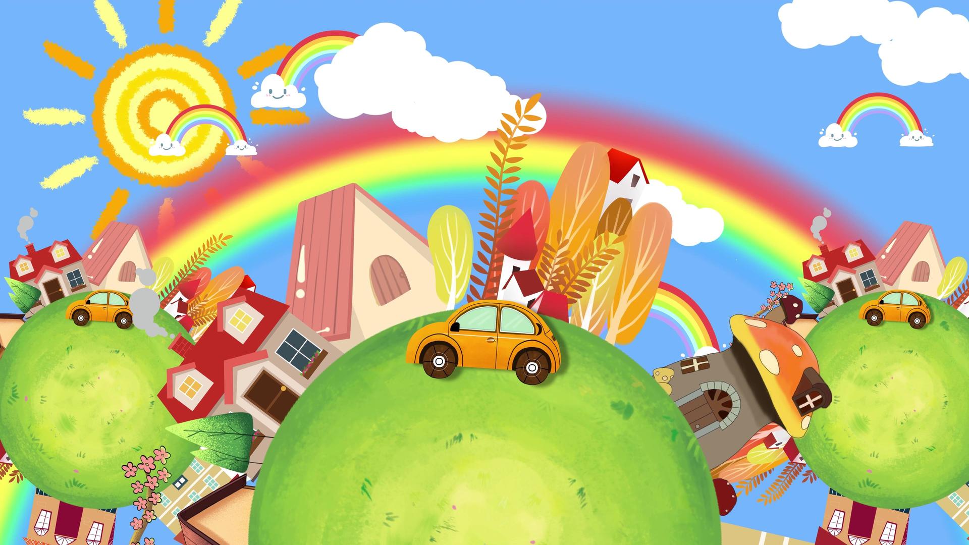 4K卡通动态地球村儿童动态彩虹背景视频视频的预览图