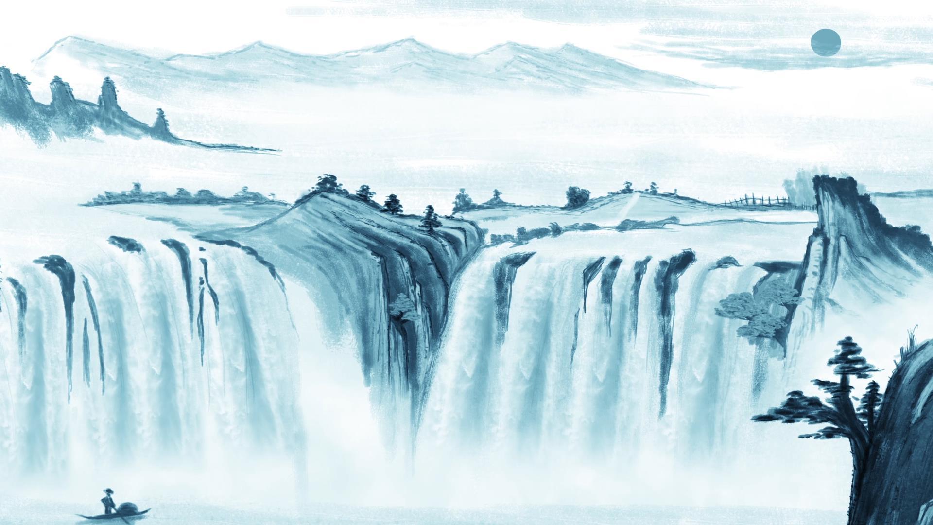 水墨山水瀑布背景视频的预览图