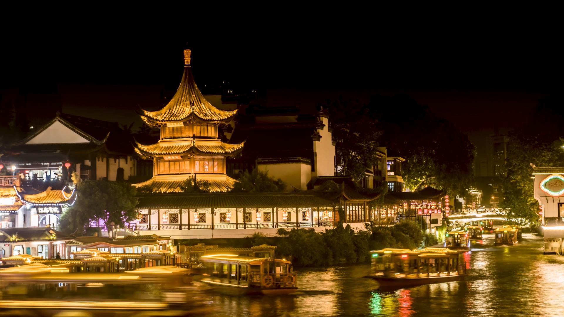 南京5A夫子庙秦淮河游船8K夜景延时视频的预览图
