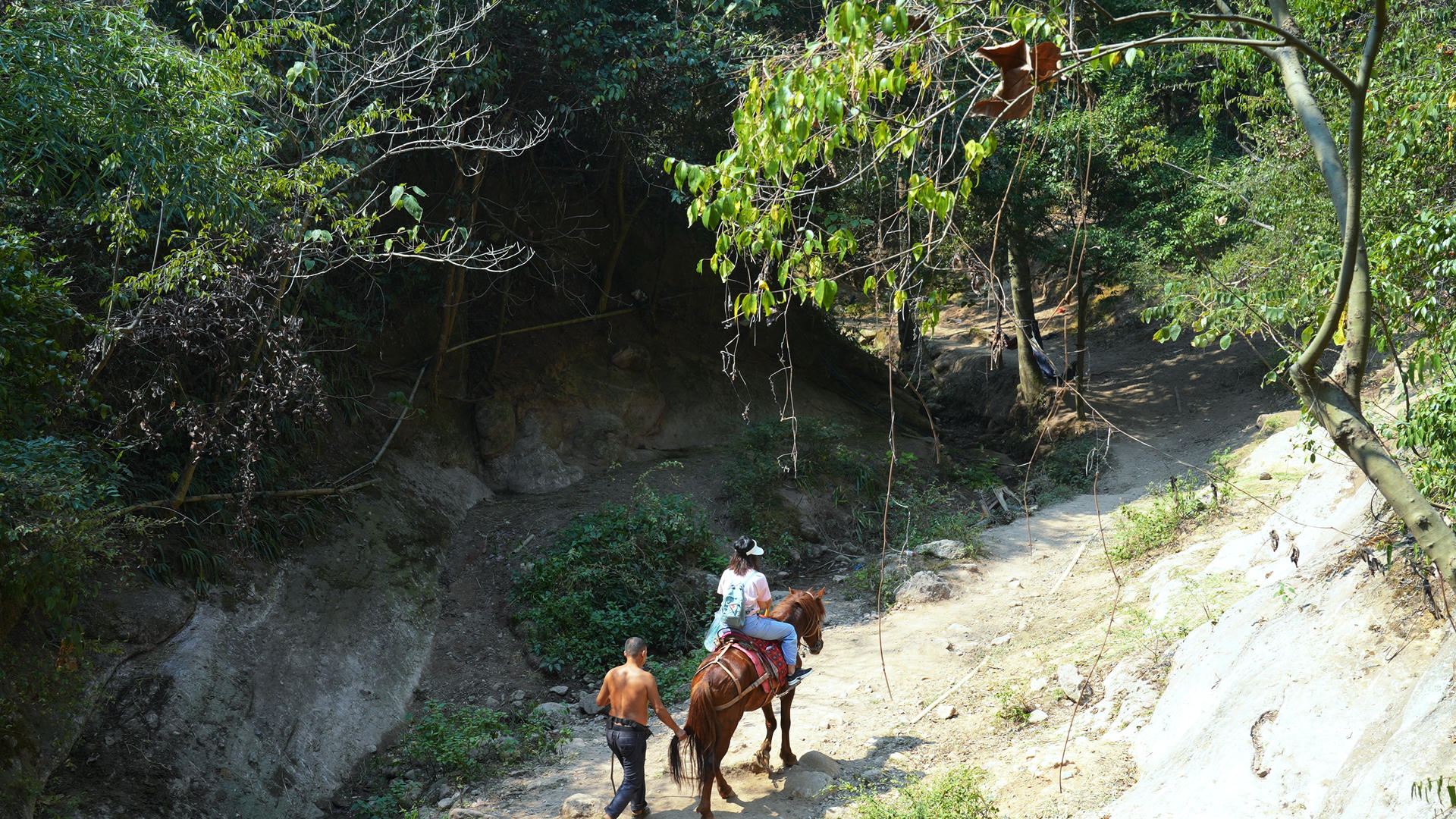 湖南5A级旅游景区崀山骑马爬山欣赏风景的游客慢镜头升格4k素材视频的预览图