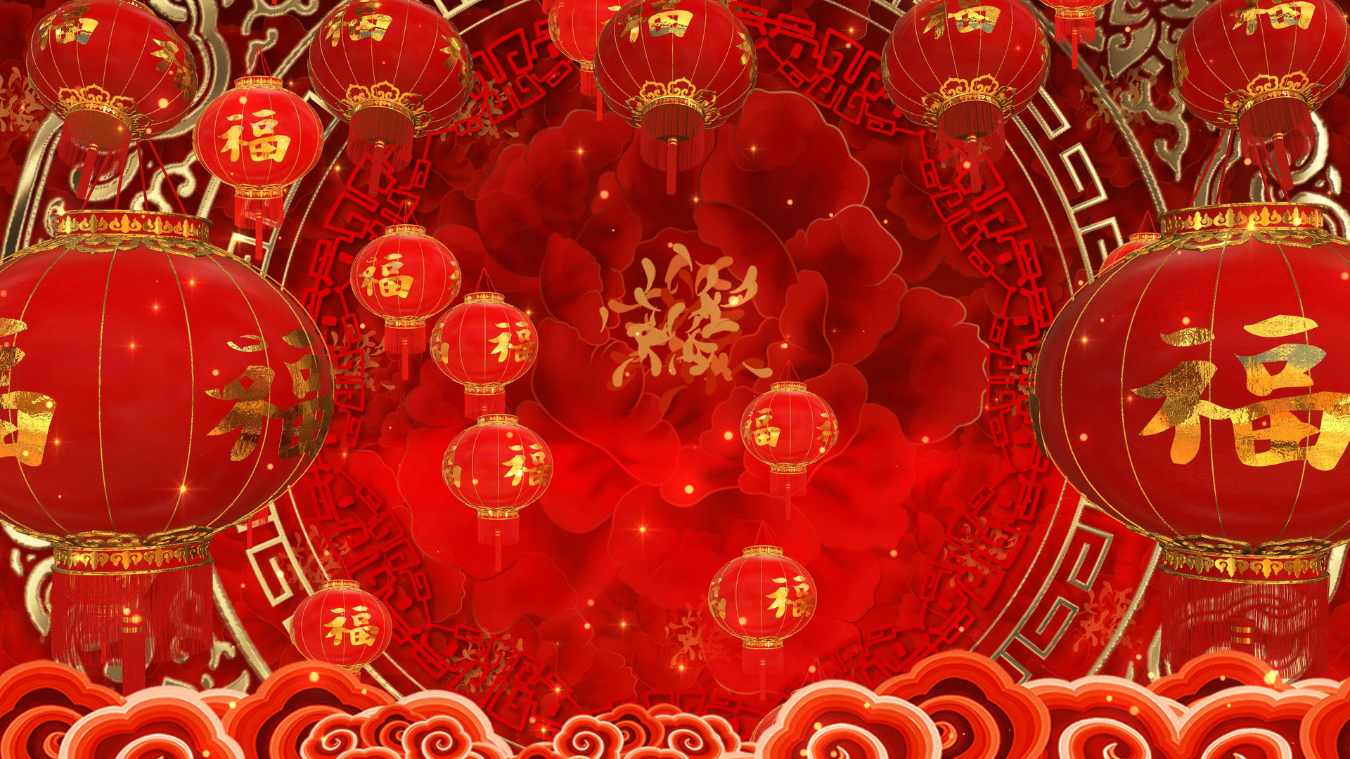 4K喜庆红色灯笼牡丹花背景视频的预览图