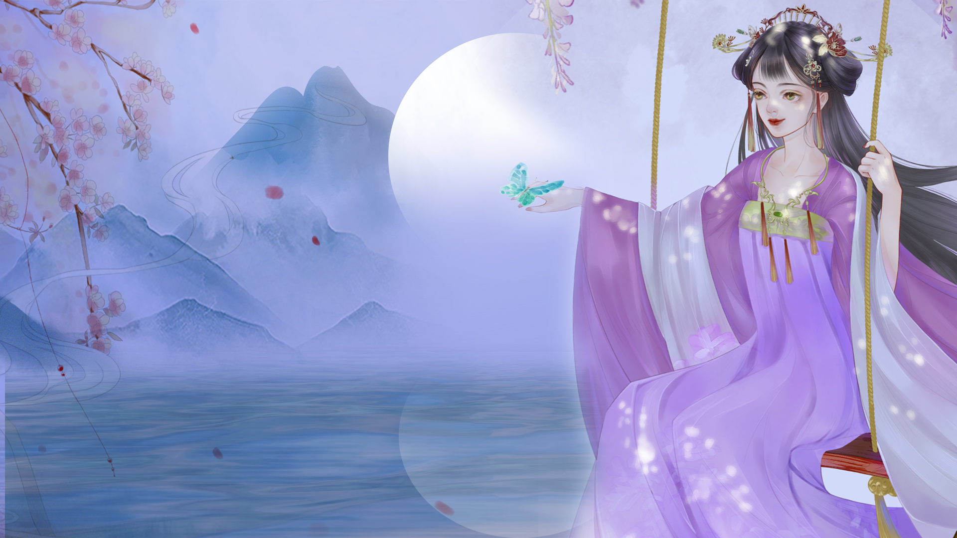 原创中国风紫色梦幻美女视频背景中国风古风水墨风诗词朗诵背景AE模板视频的预览图