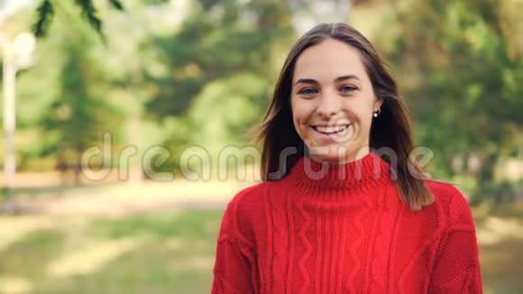 穿暖和毛衣的快乐女孩的慢镜头肖像微笑着站在公园里笑着看着视频的预览图