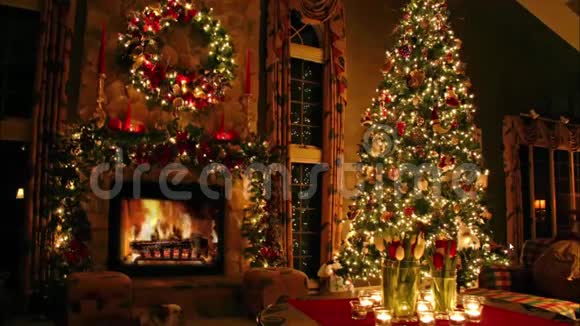 美丽可爱舒适浪漫的气氛节日的圣诞树除夕夜家庭壁炉灯光内部视频的预览图