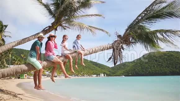 一家人在棕榈树海滩度假安提瓜加勒比海岸的父母和孩子一起玩视频的预览图