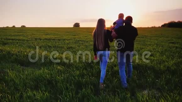 幸福的年轻父母正沿着田野走着父亲正抱着小儿子一起去迎接视频的预览图