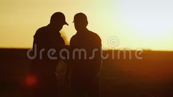 做农业综合企业的生意两个男农在田间交流用平板握手日落时剪影视频的预览图