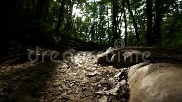 靴子里脚的特写一个徒步旅行者在夏天的森林里沿着小路跑日落时分徒步穿越森林视频的预览图