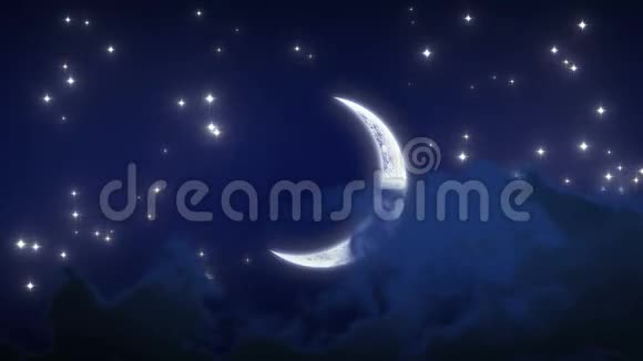 美丽的新月与星和云夜晚时光流逝循环动画高清1080视频的预览图