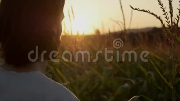 在日落日出时特写一胡须的英俊男子与自然景观视频的预览图