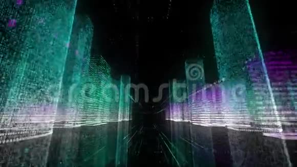 现代数字城市中心霓虹灯线架数字化技术与商业理念背景视频的预览图