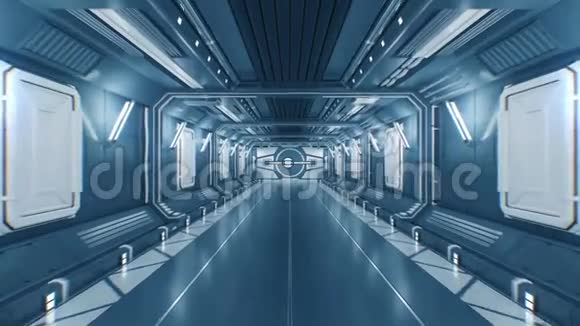 从抽象未来派宇宙飞船隧道到白色光与阿尔法打开金属门的美丽飞行视频的预览图